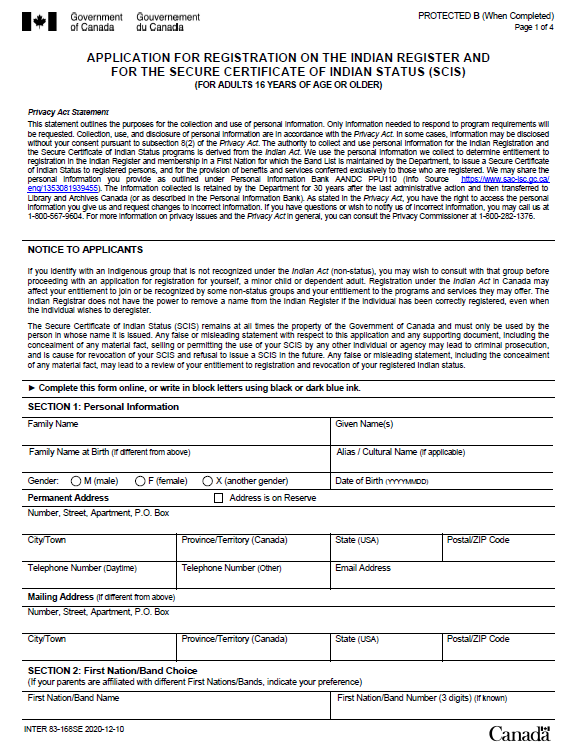 Native Status Application Form Schedule Appointment with Under One Sky Friendship Centre